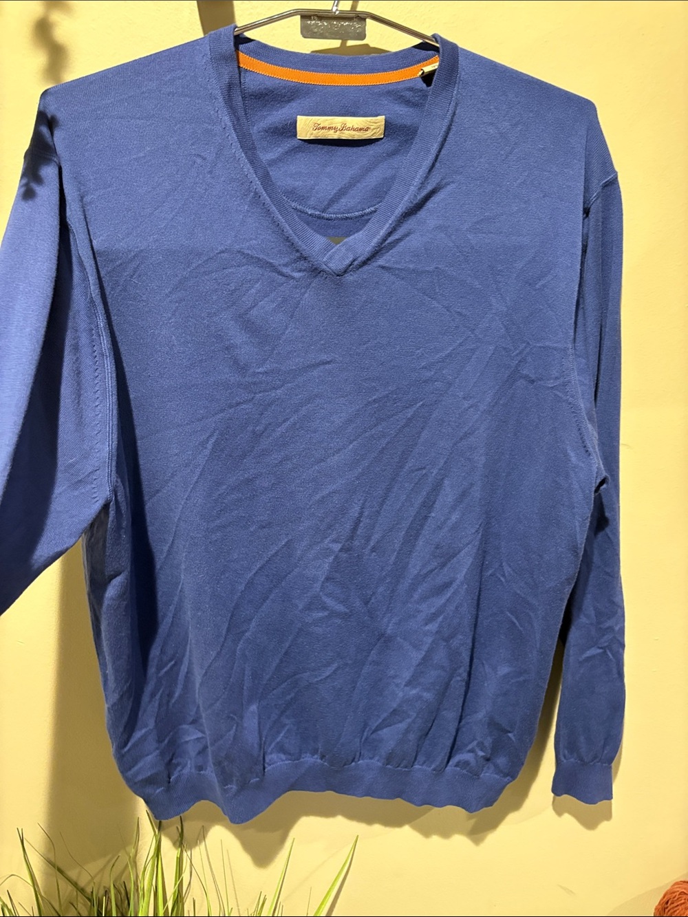 Tommy Bahama Men’s Royal Blue V-Neck Sweater with Orange Neck Trim